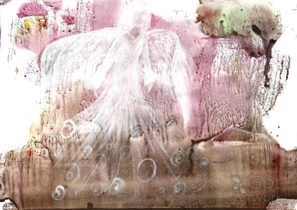 Acrylic Painting, Flying White Angel, Pink Aura, Guardian Angel, Magic Landscape
