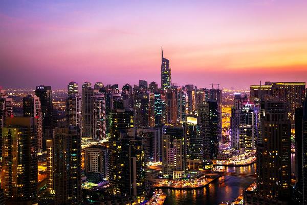 Skyline Jumeirah Lake Towers, Dubai, United Arab Emirates At Dusk