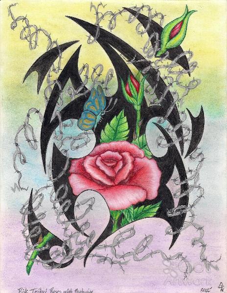 Pink Tribal Roses And Barbwire Original Drawing