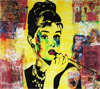 ART Portrait Audrey HEPBURN Coca-Cola Mixed Media On Panel Acrylic Painting Black & Colors Collections Modern 30“x36“ By Kathleen Artist PRO As Framed Poster