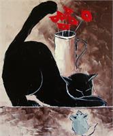 Black Cat With Mouse And Poppies As Framed Poster