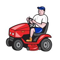 Gardener Mowing Rideon Lawn Mower Cartoon As Framed Poster