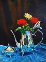 Silver Tea Pot With Blue Satin As Framed Poster