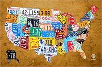 License Plate Map Of The USA On Vintage Burnt Orange Wood Slab As Framed Poster