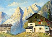 House With Snow Mountain (signed 'W. Muller') On The Right Bottom As Framed Poster