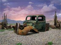Car Wreck In The Desert As Greeting Card