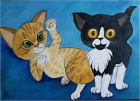 Ginger And Tuxedo Kittens On Blue As Greeting Card