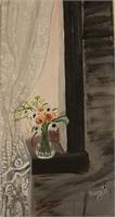 Window Sill With Lace Curtain And Vase With Flowers As Framed Poster