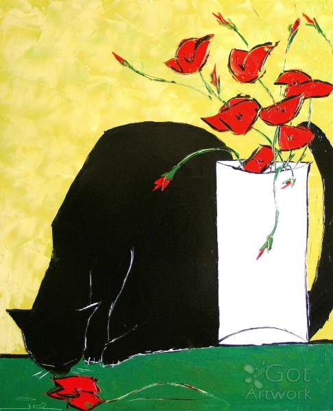 Black Cat With His Poppies