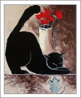 Black Cat With Mouse And Poppies - No-Wrap