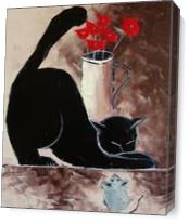 Black Cat With Mouse And Poppies As Canvas