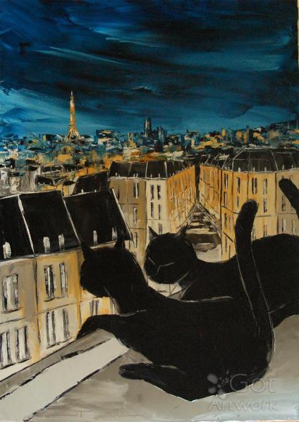 Black Cat With His Pretty On Paris Roofs