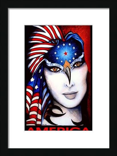 America Portrait of A Woman with Big White Face and Flag Over Head