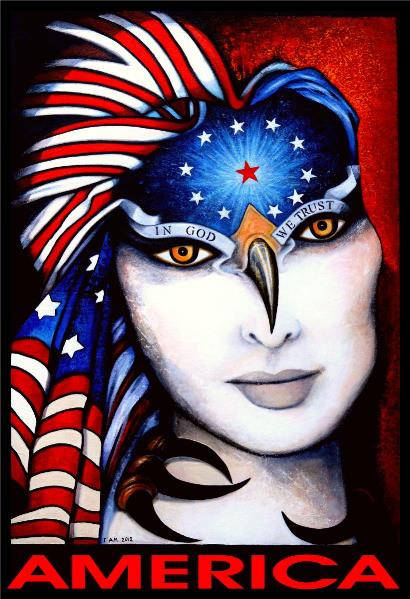 America Portrait of A Woman with Big White Face and Flag Over Head