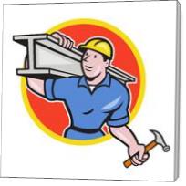 Construction Steel Worker Carry I-Beam Circle Cartoon - Gallery Wrap
