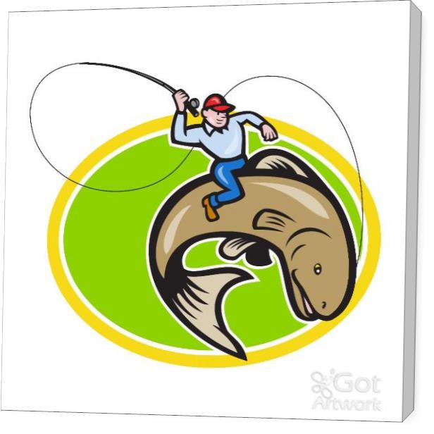 Fly Fisherman Riding Trout Fish Cartoon