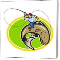 Fly Fisherman Riding Trout Fish Cartoon - Gallery Wrap