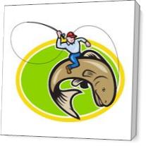 Fly Fisherman Riding Trout Fish Cartoon As Canvas