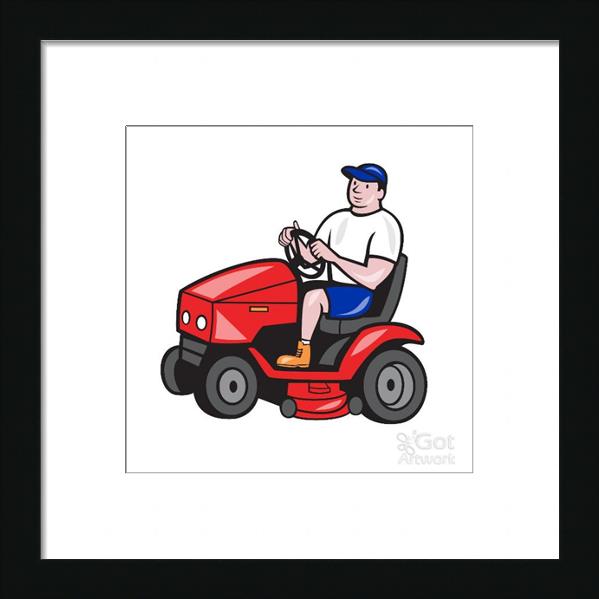 Gardener Mowing Rideon Lawn Mower Cartoon