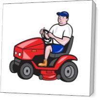 Gardener Mowing Rideon Lawn Mower Cartoon As Canvas