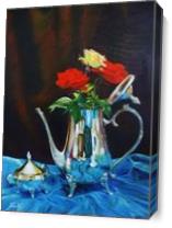 Silver Tea Pot With Blue Satin As Canvas