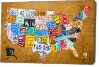 License Plate Map Of The USA On Vintage Burnt Orange Wood Slab - Gallery Wrap