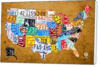 License Plate Map Of The USA On Vintage Burnt Orange Wood Slab - Standard Wrap