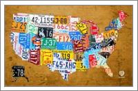 License Plate Map Of The USA On Vintage Burnt Orange Wood Slab - No-Wrap