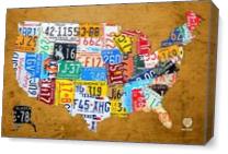 License Plate Map Of The USA On Vintage Burnt Orange Wood Slab As Canvas