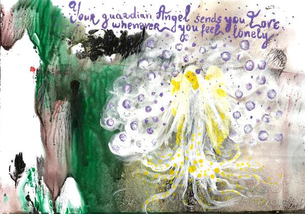 Illustration Of Guardian Angel, INSPIRATIONAL Quote, Your Guardian Angel Sends You Love Whenever You Feel Lonely, Original Acrylic Painting