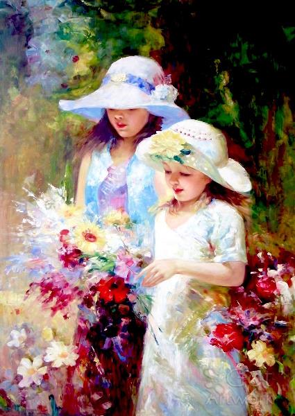 Two Young Girl Picking Up Flower