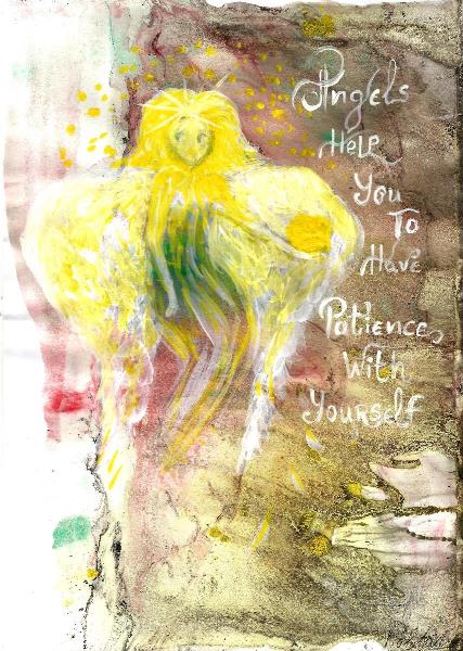 Angels Help You To Have Patience With Yourself, INSPIRATIONAL Art, Original Acrylic Painting, Illustration Of Guardian Angel Quote