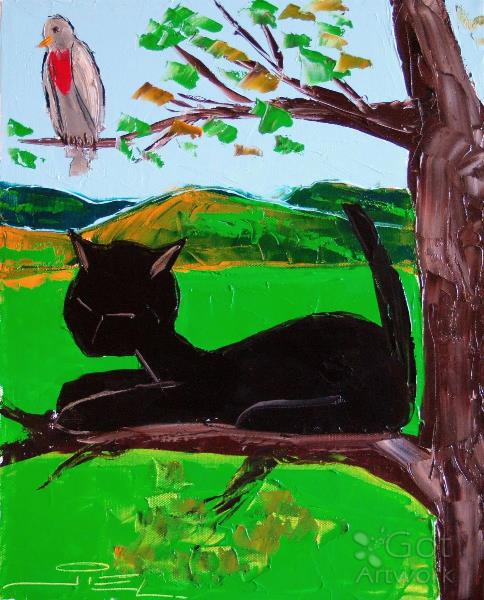 Black Cat With Robin