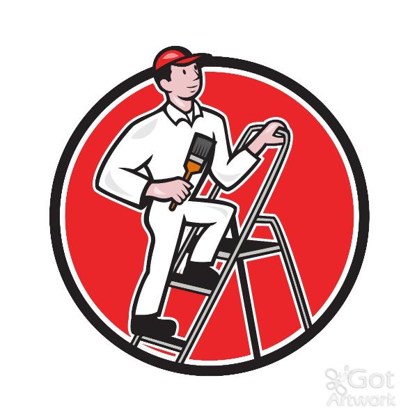 House Painter Paintbrush On Ladder Cartoon