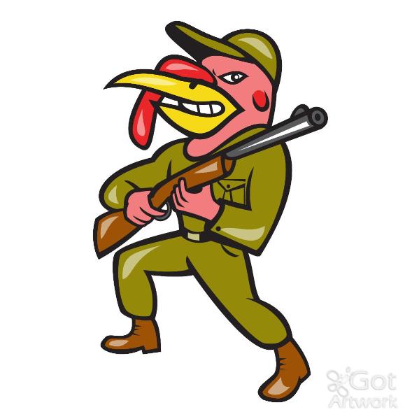 Turkey Hunter Carry Rifle Shotgun Cartoon