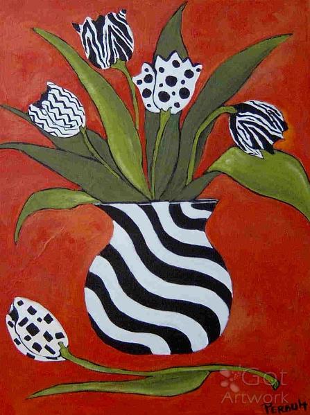 Black And White Tulips On Red