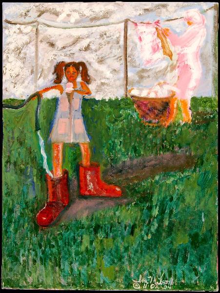 Watering Red Galoshes Painting By Iva Milson - gotartwork.com