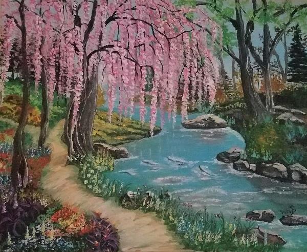 Pink Weeping Willow With River, Rocks And Path