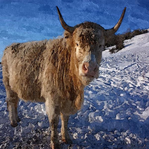 Graceful Goat On Snowy Snow - Winter Season Animal Stepping On Ice Cold White Snow Oil Painting