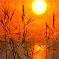 Beautiful Sunrise Oil Painting - Dawn Sunny Day With Weeds And Clear Water