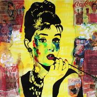ART Portrait Audrey HEPBURN Coca-Cola Mixed Media On Panel Acrylic Painting Black & Colors Collections Modern 30“x36“ By Kathleen Artist PRO