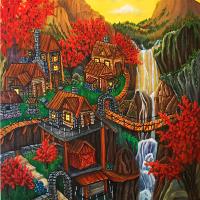 Mountain Village With Waterfall