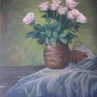 White Roses In Terra Vase