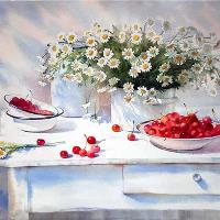 Still Life With Daisies And Cherries