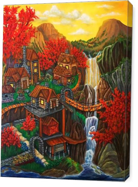 Mountain Village With Waterfall