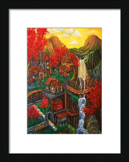 Mountain Village With Waterfall