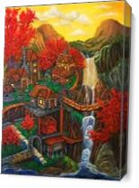 Mountain Village With Waterfall As Canvas