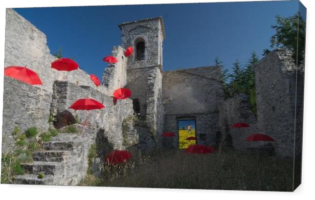 Red Umbrellas Into Old Church
