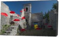 Red Umbrellas Into Old Church - Gallery Wrap