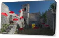 Red Umbrellas Into Old Church - Gallery Wrap Plus